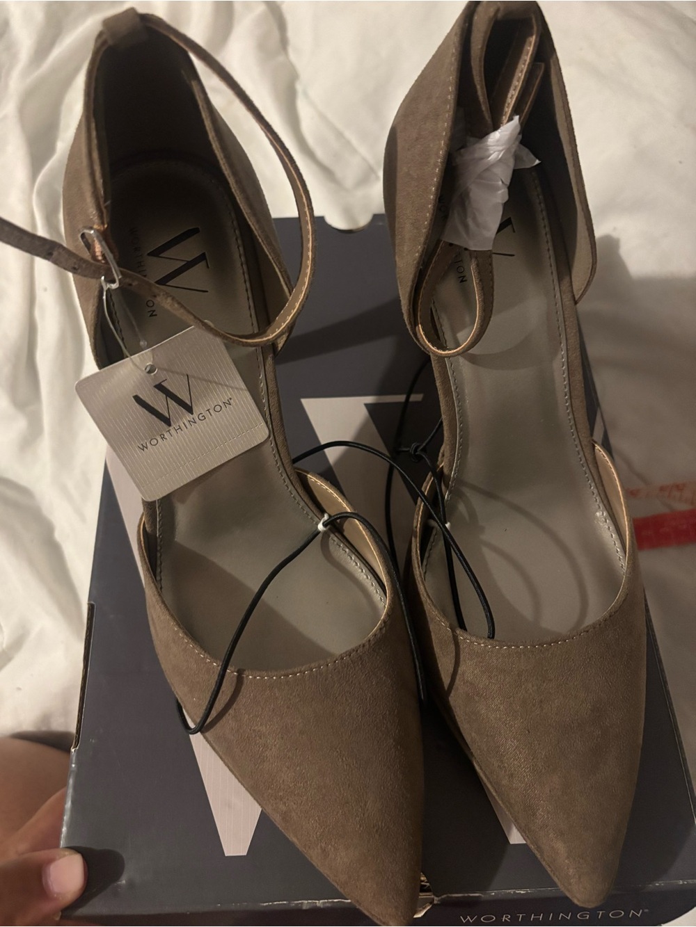 Worthington Taupe Pointed-Toe Ankle Strap Pumps